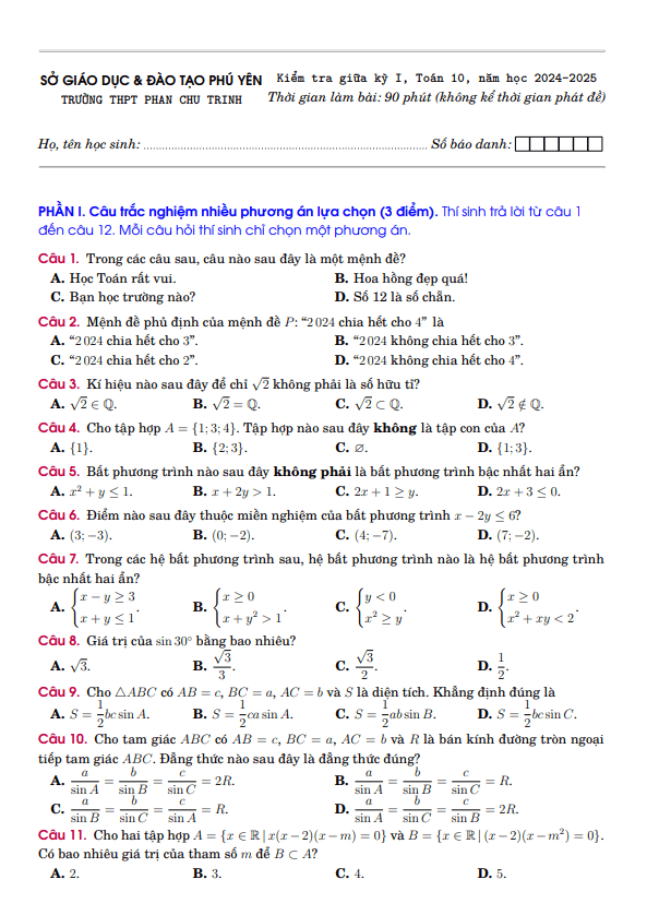 đề giữa kỳ 1 toán 10 năm 2024 – 2025 trường thpt phan chu trinh – phú yên