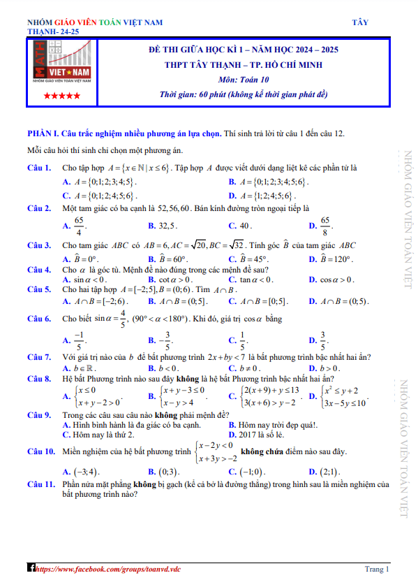đề giữa kỳ 1 toán 10 năm 2024 – 2025 trường thpt tây thạnh – tp hcm
