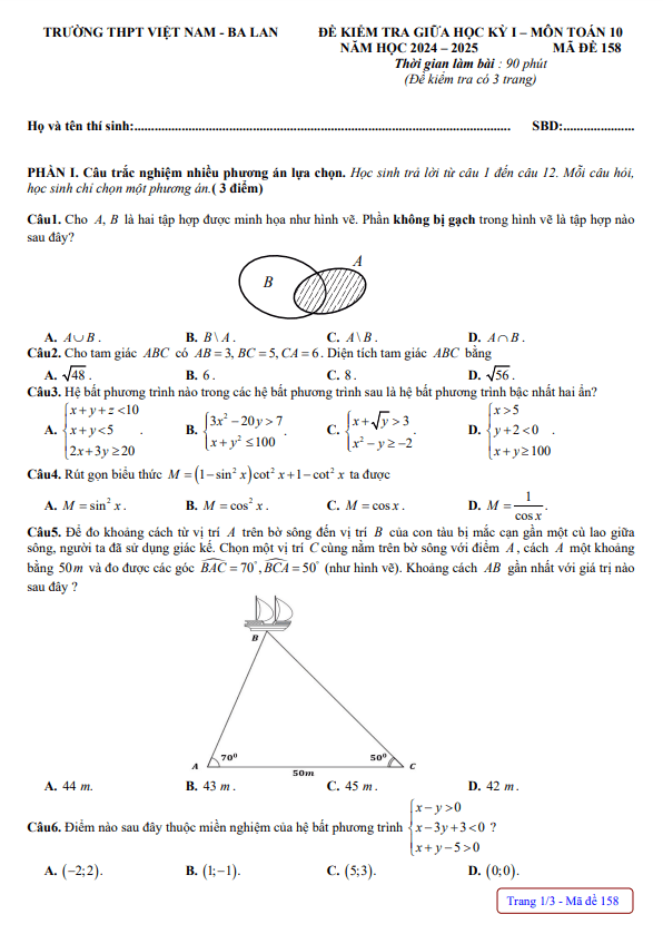 đề giữa kỳ 1 toán 10 năm 2024 – 2025 trường thpt việt nam – ba lan – hà nội