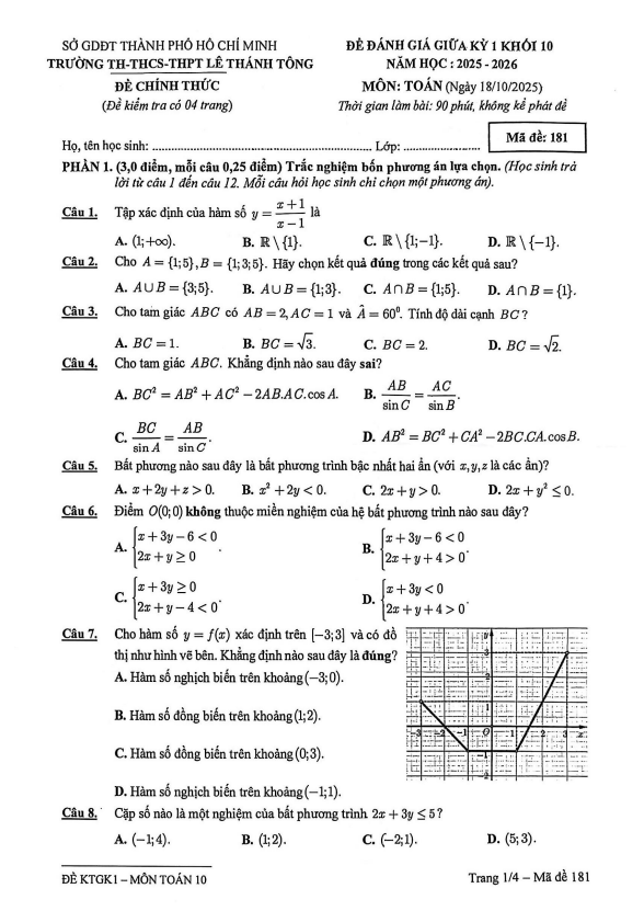 đề giữa kỳ 1 toán 10 năm 2025 – 2026 trường lê thánh tông – tp hcm