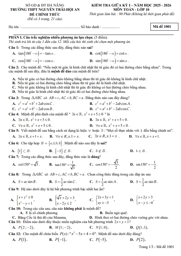 đề giữa kỳ 1 toán 10 năm 2025 – 2026 trường thpt nguyễn trãi – đà nẵng