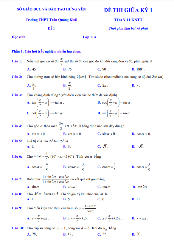 đề giữa kỳ 1 toán 11 knttvcs năm 2024 – 2025 trường thpt trần quang khải – hưng yên