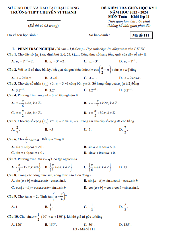 đề giữa kỳ 1 toán 11 năm 2023 – 2024 trường thpt chuyên vị thanh – hậu giang