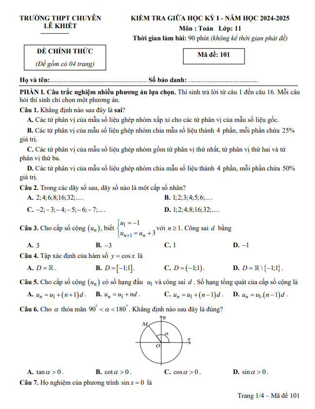 đề giữa kỳ 1 toán 11 năm 2024 – 2025 trường chuyên lê khiết – quảng ngãi