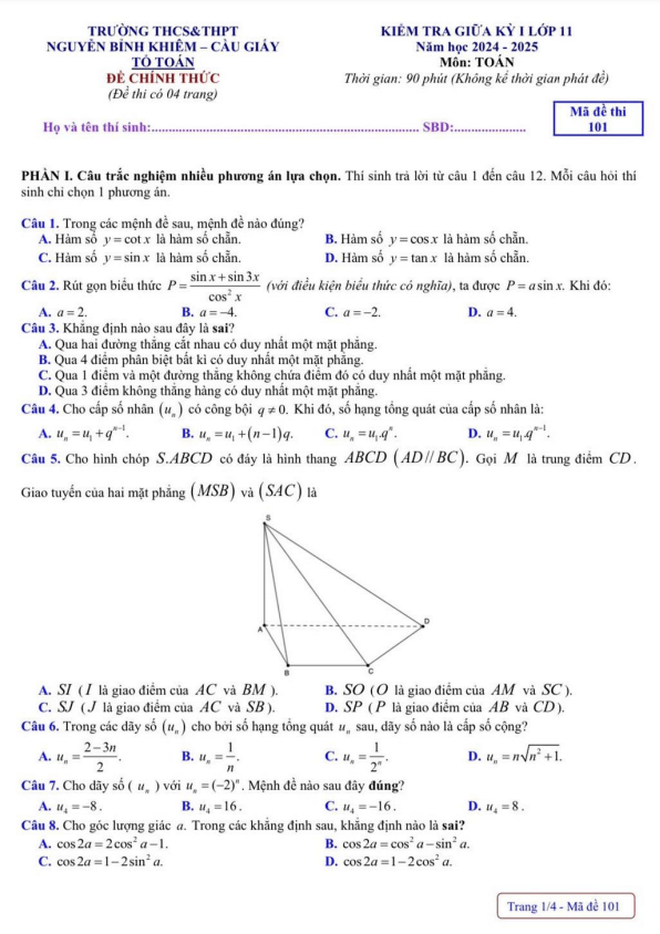đề giữa kỳ 1 toán 11 năm 2024 – 2025 trường nguyễn bỉnh khiêm – hà nội