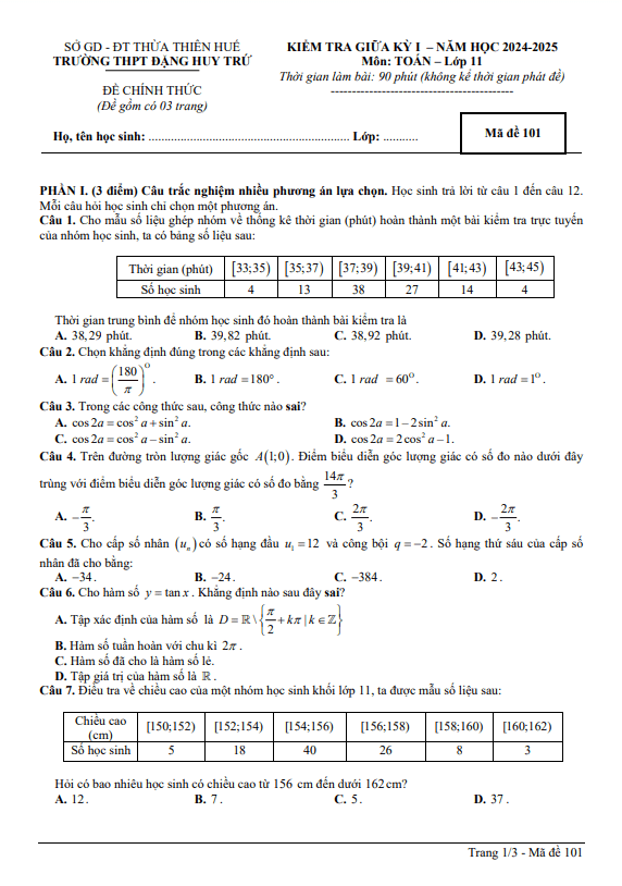 đề giữa kỳ 1 toán 11 năm 2024 – 2025 trường thpt đặng huy trứ – tt huế