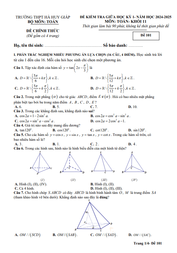 đề giữa kỳ 1 toán 11 năm 2024 – 2025 trường thpt hà huy giáp – cần thơ