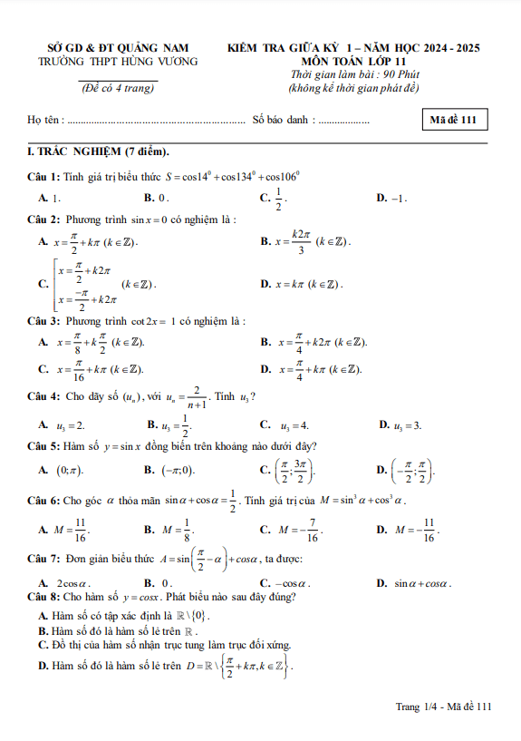 đề giữa kỳ 1 toán 11 năm 2024 – 2025 trường thpt hùng vương – quảng nam