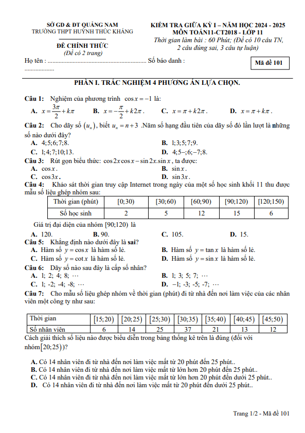 đề giữa kỳ 1 toán 11 năm 2024 – 2025 trường thpt huỳnh thúc kháng – quảng nam