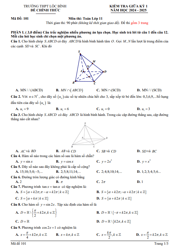 đề giữa kỳ 1 toán 11 năm 2024 – 2025 trường thpt lộc bình – lạng sơn