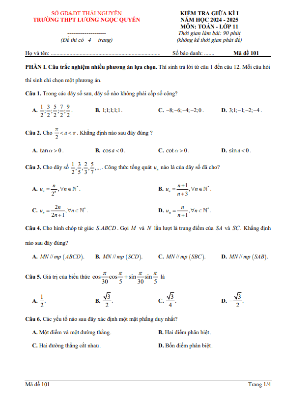 đề giữa kỳ 1 toán 11 năm 2024 – 2025 trường thpt lương ngọc quyến – thái nguyên