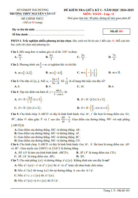 đề giữa kỳ 1 toán 11 năm 2024 – 2025 trường thpt nguyễn văn cừ – hải dương