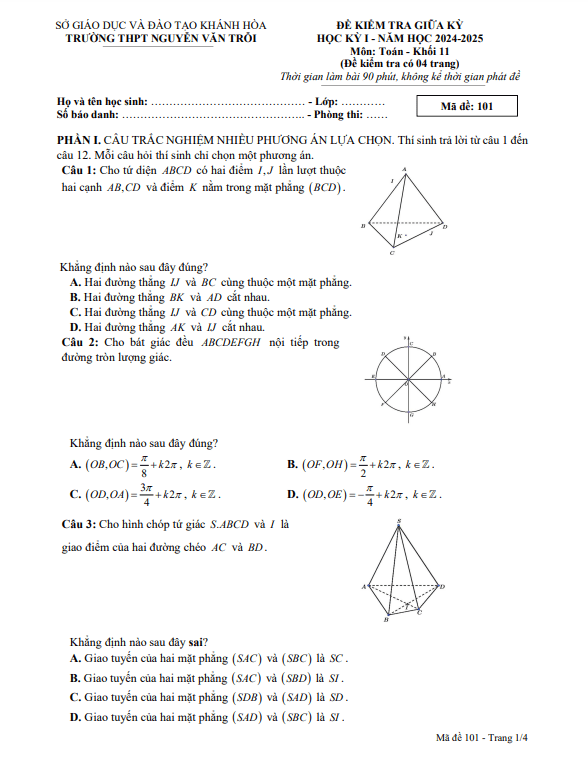 đề giữa kỳ 1 toán 11 năm 2024 – 2025 trường thpt nguyễn văn trỗi – khánh hòa