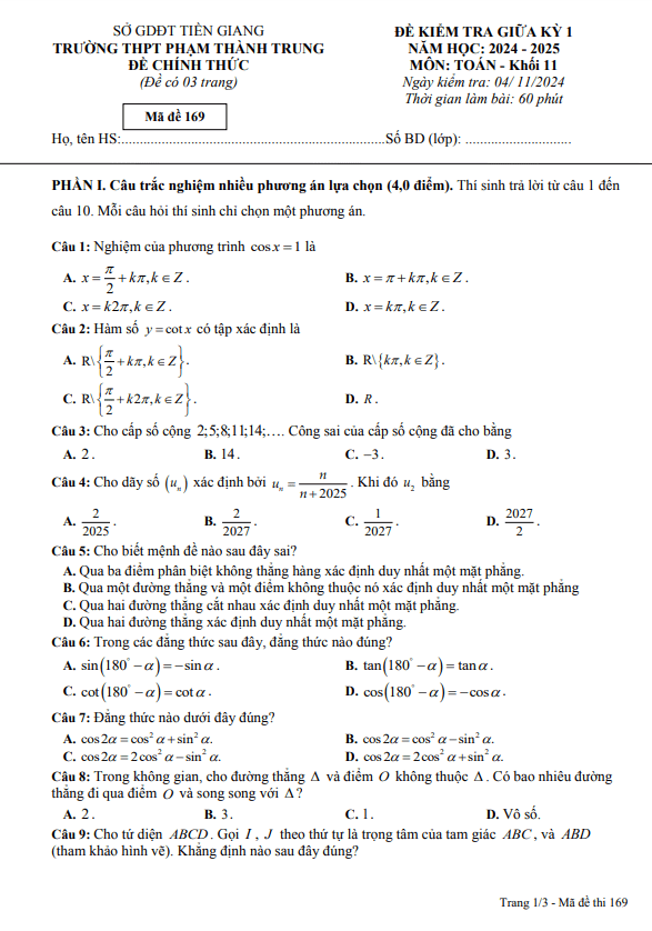 đề giữa kỳ 1 toán 11 năm 2024 – 2025 trường thpt phạm thành trung – tiền giang