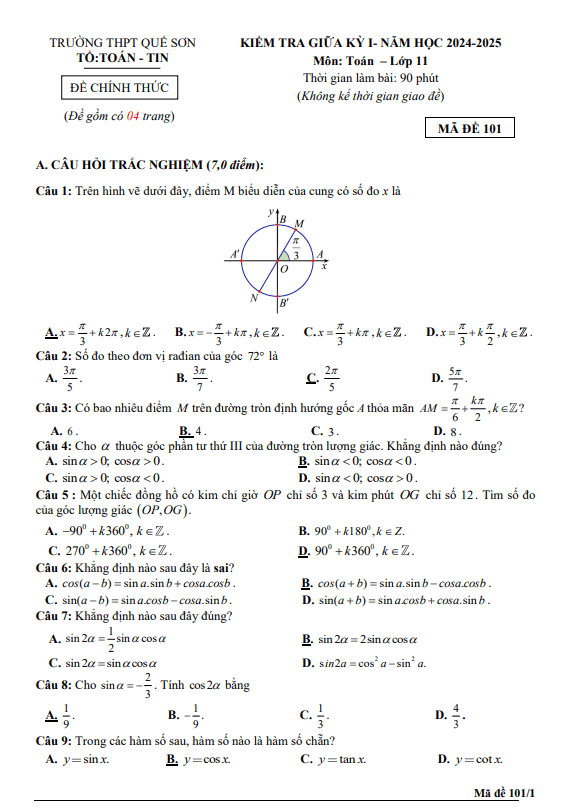 đề giữa kỳ 1 toán 11 năm 2024 – 2025 trường thpt quế sơn – quảng nam