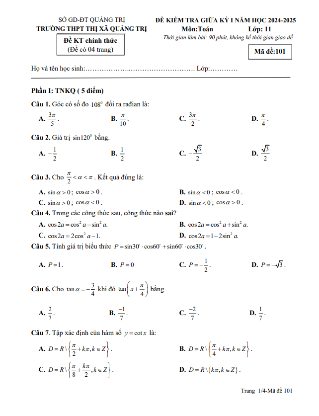 đề giữa kỳ 1 toán 11 năm 2024 – 2025 trường thpt thị xã quảng trị