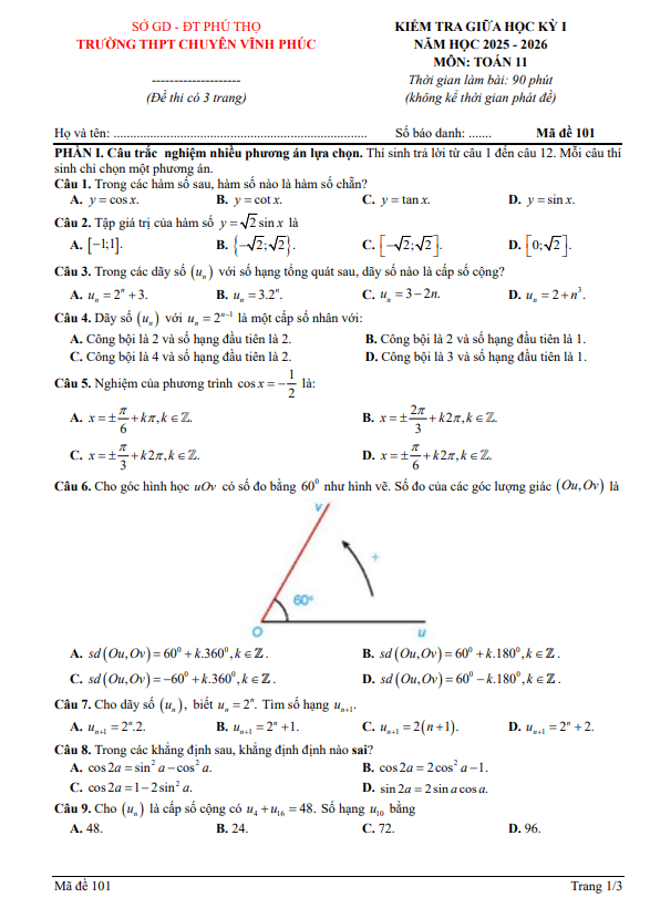đề giữa kỳ 1 toán 11 năm 2025 – 2026 trường thpt chuyên vĩnh phúc – phú thọ