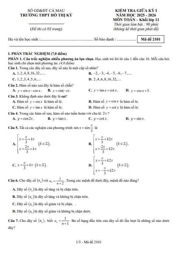 đề giữa kỳ 1 toán 11 năm 2025 – 2026 trường thpt hồ thị kỷ – cà mau