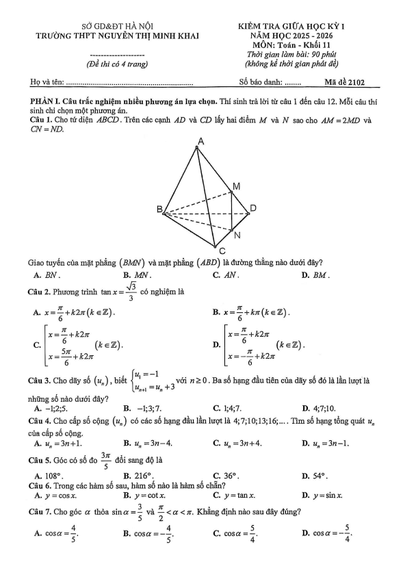đề giữa kỳ 1 toán 11 năm 2025 – 2026 trường thpt nguyễn thị minh khai – hà nội