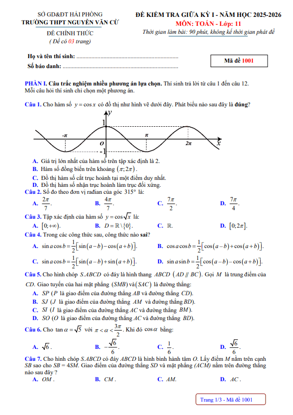 đề giữa kỳ 1 toán 11 năm 2025 – 2026 trường thpt nguyễn văn cừ – hải phòng
