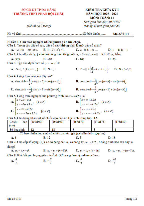 đề giữa kỳ 1 toán 11 năm 2025 – 2026 trường thpt phan bội châu – đà nẵng