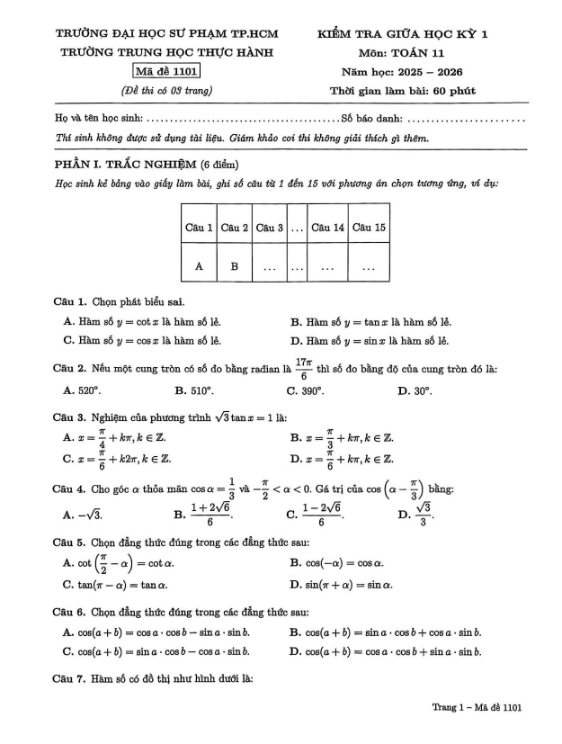 đề giữa kỳ 1 toán 11 năm 2025 – 2026 trường trung học thực hành đhsp – tp hcm
