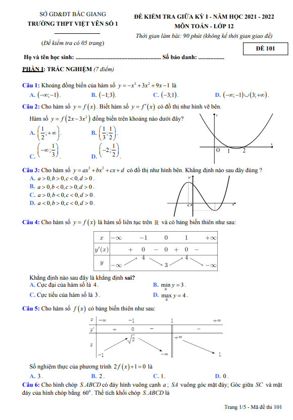 đề giữa kỳ 1 toán 12 năm 2021 – 2022 trường thpt việt yên 1 – bắc giang