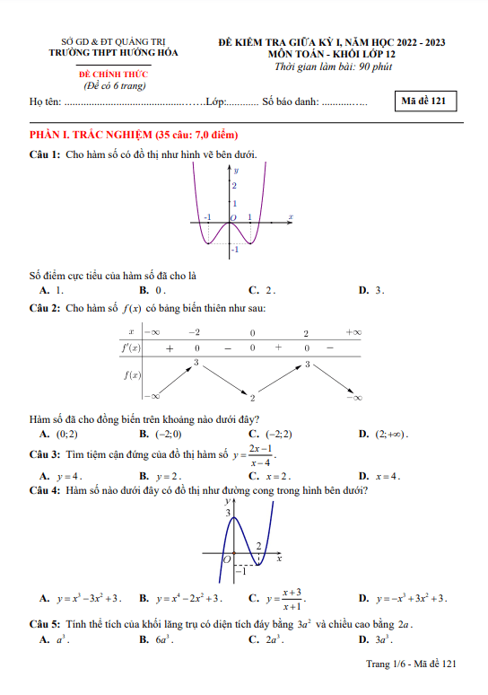 đề giữa kỳ 1 toán 12 năm 2022 – 2023 trường thpt hướng hóa – quảng trị