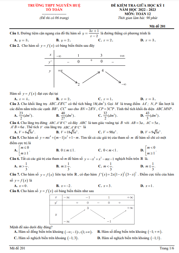 đề giữa kỳ 1 toán 12 năm 2022 – 2023 trường thpt nguyễn huệ – phú yên