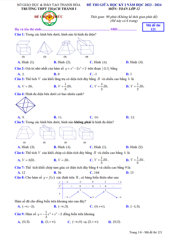 đề giữa kỳ 1 toán 12 năm 2023 – 2024 trường thpt thạch thành 1 – thanh hóa