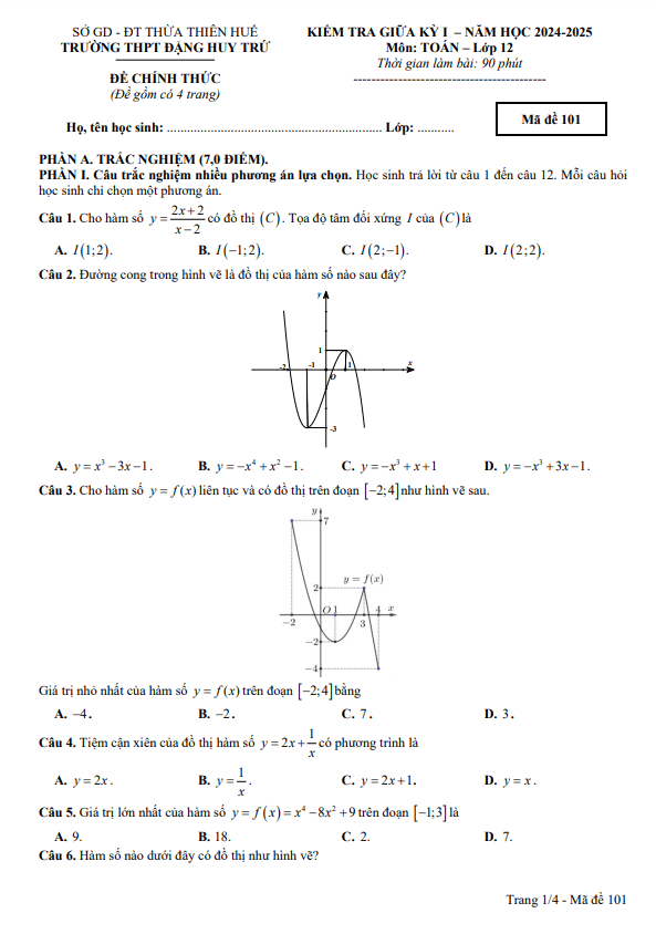 đề giữa kỳ 1 toán 12 năm 2024 – 2025 trường thpt đặng huy trứ – tt huế