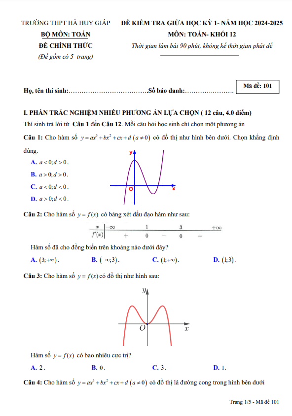 đề giữa kỳ 1 toán 12 năm 2024 – 2025 trường thpt hà huy giáp – cần thơ