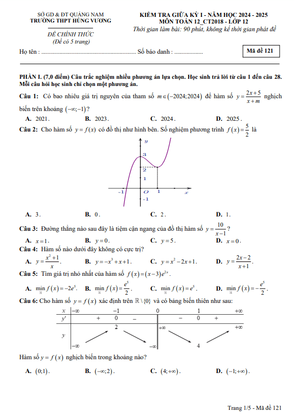 đề giữa kỳ 1 toán 12 năm 2024 – 2025 trường thpt hùng vương – quảng nam