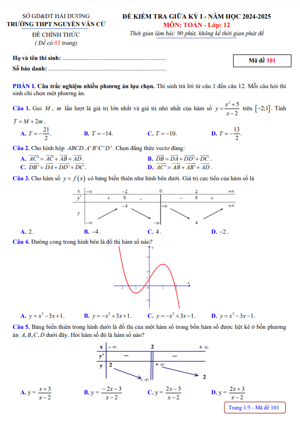 đề giữa kỳ 1 toán 12 năm 2024 – 2025 trường thpt nguyễn văn cừ – hải dương