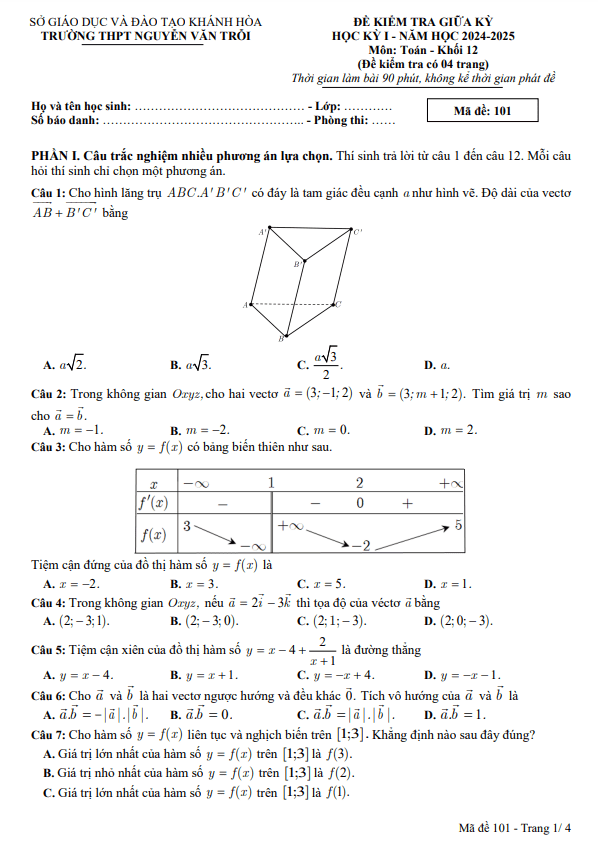 đề giữa kỳ 1 toán 12 năm 2024 – 2025 trường thpt nguyễn văn trỗi – khánh hòa