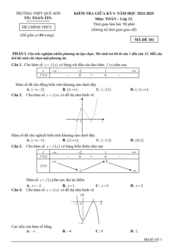 đề giữa kỳ 1 toán 12 năm 2024 – 2025 trường thpt quế sơn – quảng nam
