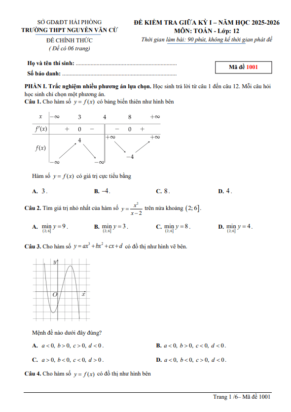 đề giữa kỳ 1 toán 12 năm 2025 – 2026 trường thpt nguyễn văn cừ – hải phòng