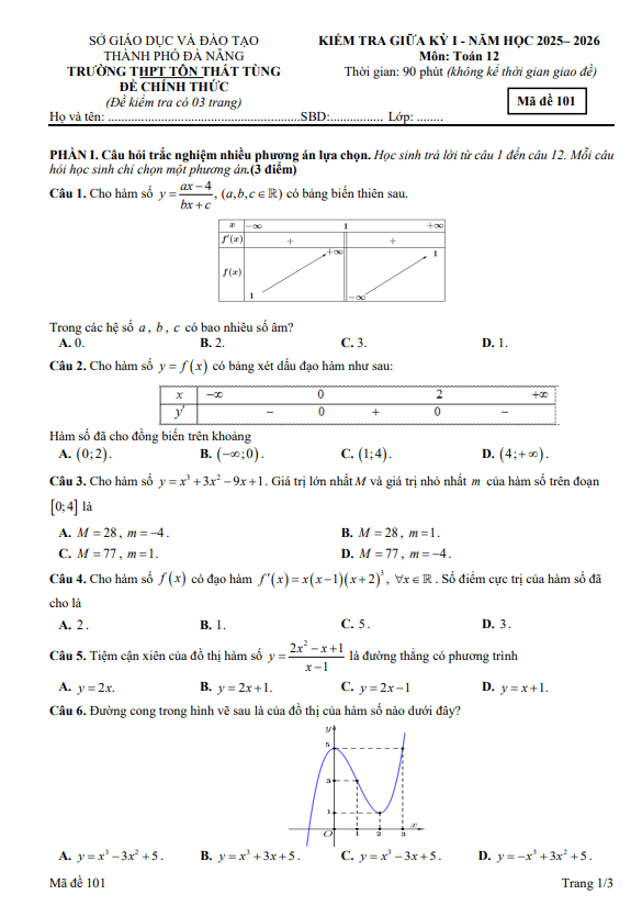 đề giữa kỳ 1 toán 12 năm 2025 – 2026 trường thpt tôn thất tùng – đà nẵng