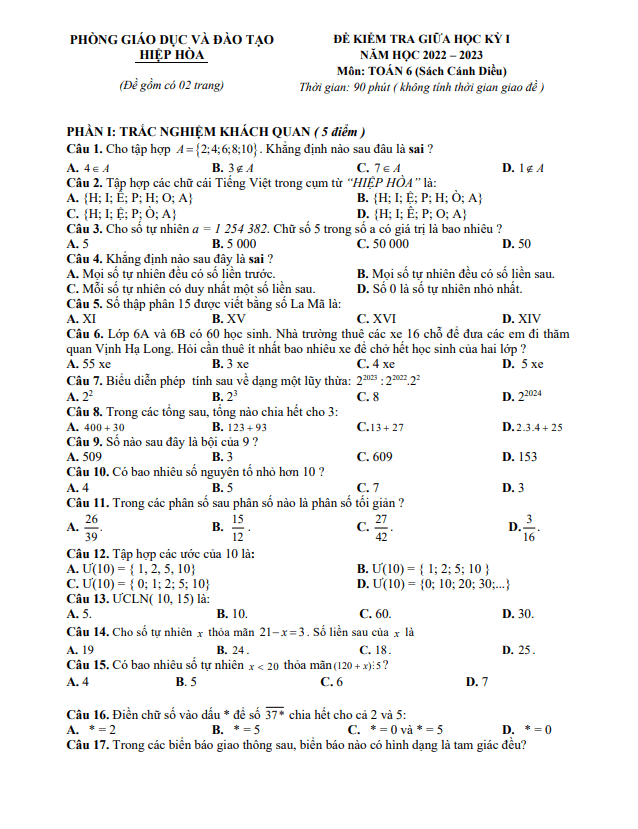 đề giữa kỳ 1 toán 6 (cánh diều) năm 2022 – 2023 phòng gd&đt hiệp hòa – bắc giang