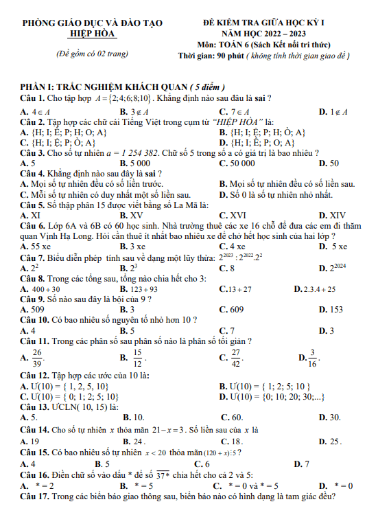 đề giữa kỳ 1 toán 6 (knttvcs) năm 2022 – 2023 phòng gd&đt hiệp hòa – bắc giang