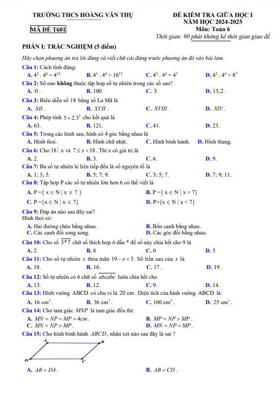 đề giữa kỳ 1 toán 6 năm 2024 – 2025 trường thcs hoàng văn thụ – bắc giang
