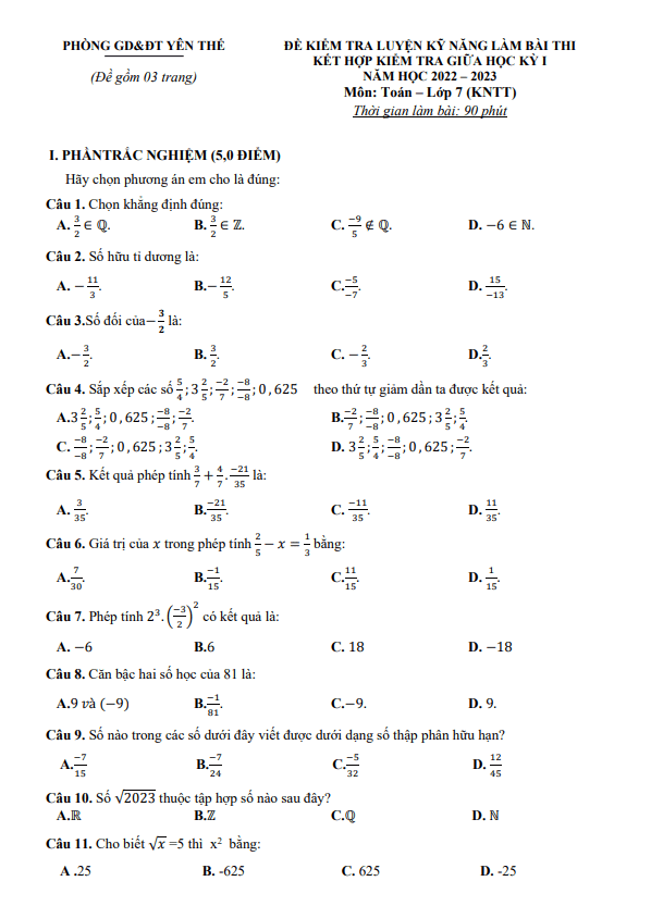 đề giữa kỳ 1 toán 7 (knttvcs) năm 2022 – 2023 phòng gd&đt yên thế – bắc giang