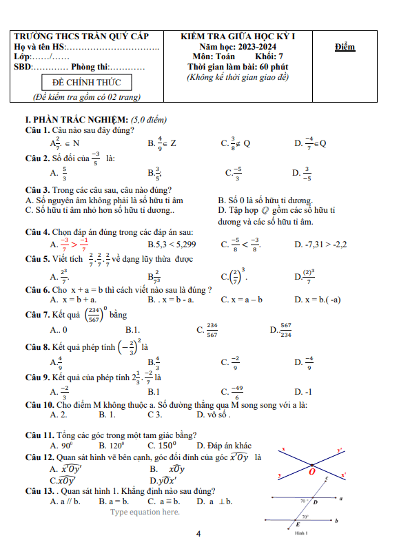đề giữa kỳ 1 toán 7 năm 2023 – 2024 trường thcs trần quý cáp – quảng nam