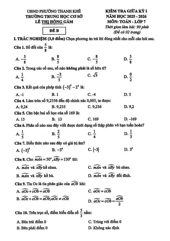 đề giữa kỳ 1 toán 7 năm 2025 – 2026 trường thcs lê thị hồng gấm – đà nẵng