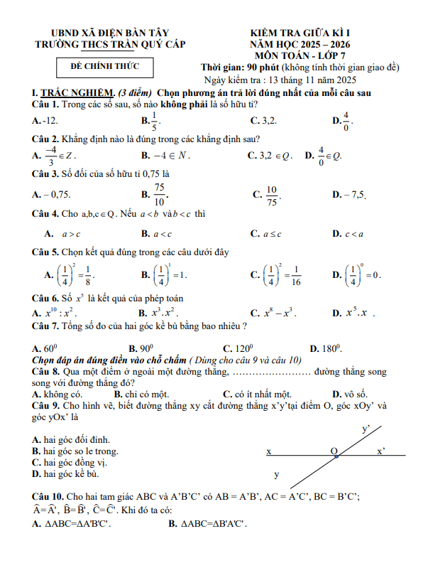 đề giữa kỳ 1 toán 7 năm 2025 – 2026 trường thcs trần quý cáp – đà nẵng