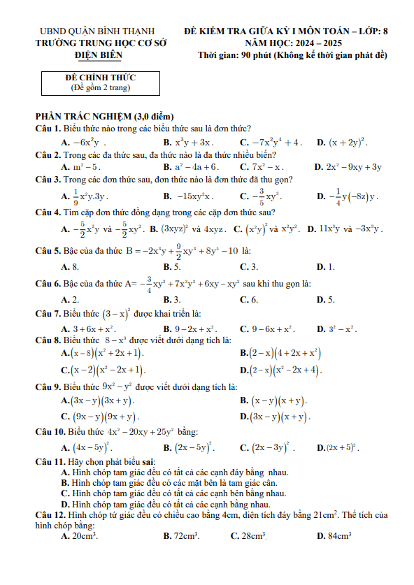 đề giữa kỳ 1 toán 8 năm 2024 – 2025 trường thcs điện biên – tp hcm