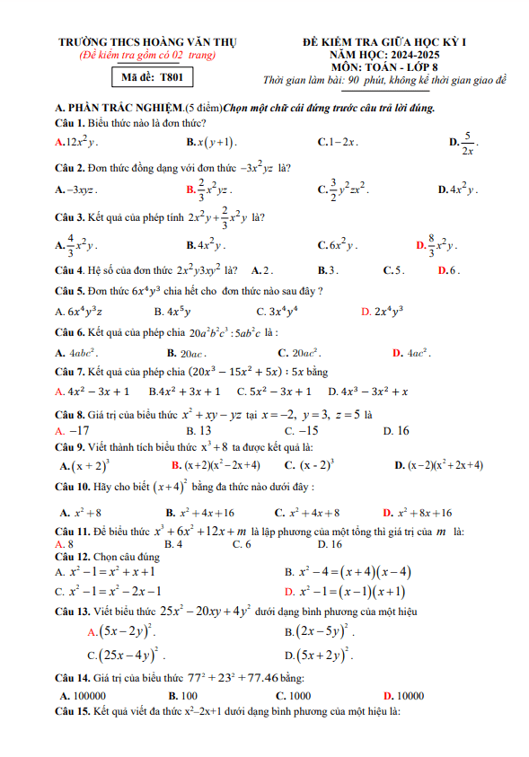 đề giữa kỳ 1 toán 8 năm 2024 – 2025 trường thcs hoàng văn thụ – bắc giang