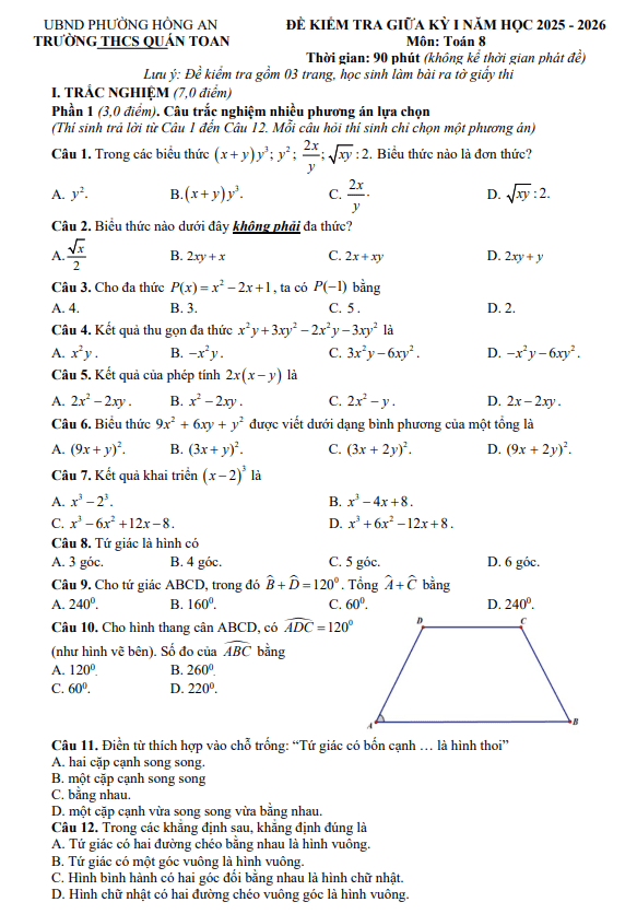 đề giữa kỳ 1 toán 8 năm 2025 – 2026 trường thcs quán toan – hải phòng