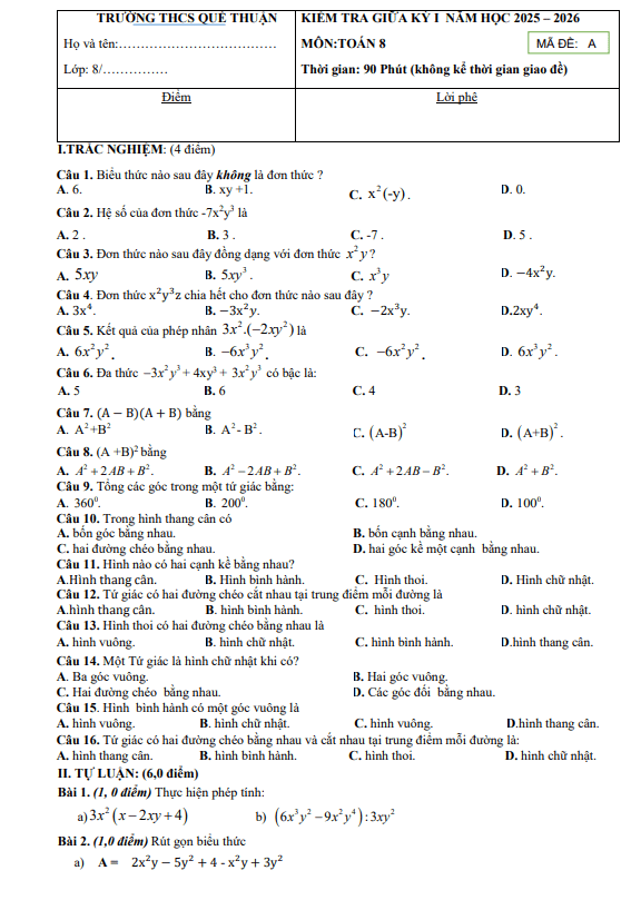 đề giữa kỳ 1 toán 8 năm 2025 – 2026 trường thcs quế thuận – đà nẵng