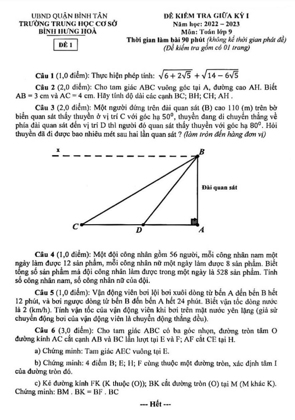 đề giữa kỳ 1 toán 9 năm 2022 – 2023 trường thcs bình hưng hòa – tp hcm